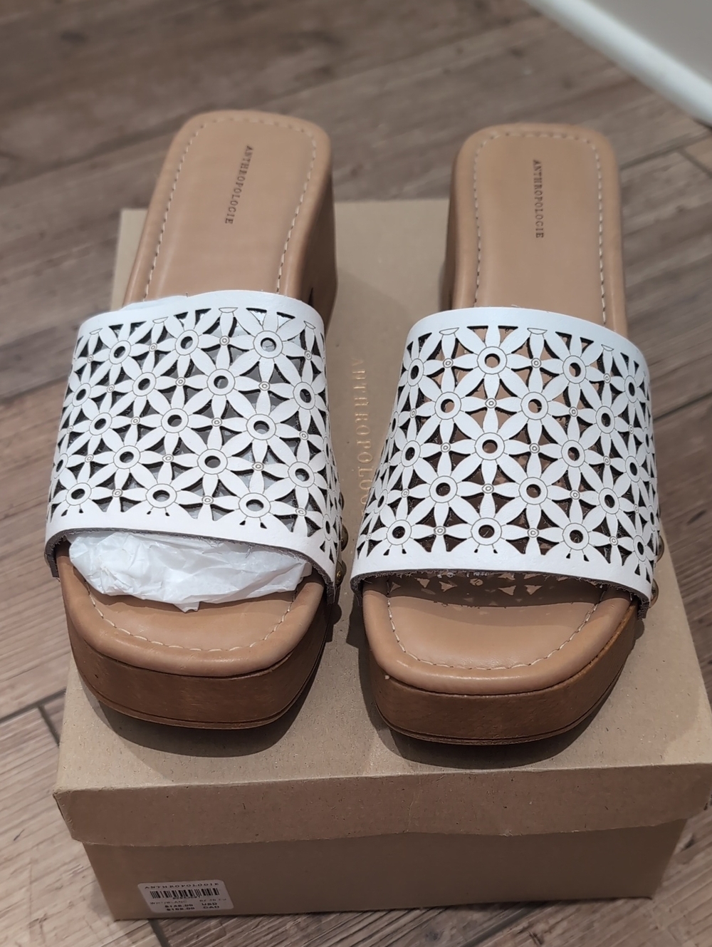 Leather Anthropologie White Laser-Cut Floral Mule Slides - Picture 2 of 5
